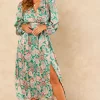Promo ???? Gini London Green Satin Paisley Wrap Belted Midi ???? Dress ????