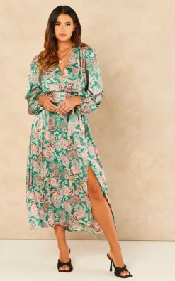 Promo ???? Gini London Green Satin Paisley Wrap Belted Midi ???? Dress ????