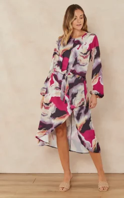 Flash Sale ???? Jenerique Wrap Asymmetric Hem ???? Dress In Purple/Pink Abstract Print ????