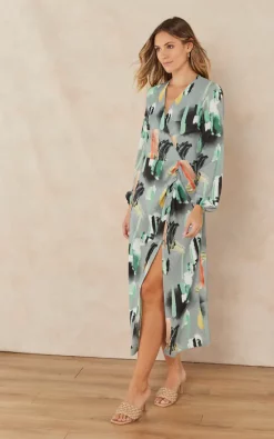 Flash Sale ✔️ Jenerique Side Seam Slit Midi ???? Dress In Green Olive Abstract Print ✨