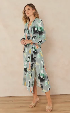 Flash Sale ✔️ Jenerique Side Seam Slit Midi ???? Dress In Green Olive Abstract Print ✨ -Zack Sales Store 2022 09 07 Jen Megs Jenerique1631