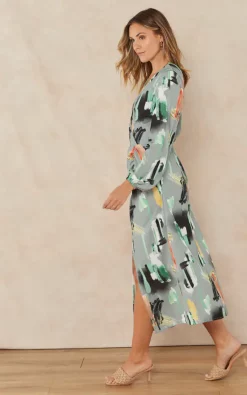 Flash Sale ✔️ Jenerique Side Seam Slit Midi ???? Dress In Green Olive Abstract Print ✨ -Zack Sales Store 2022 09 07 Jen Megs Jenerique1649