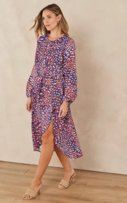 Promo ???? Jenerique Wrap Asymmetric Hem ???? Dress In Purple/Orange Animal Print ????