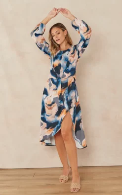 Outlet ✨ Jenerique Wrap Asymmetric Hem ???? Dress In Yellow/Blue Abstract Print ????