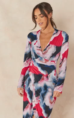 Best deal ???? Jenerique Forever Long Sleeve Wrap Midi ???? Dress In Navy Abstract Print ????