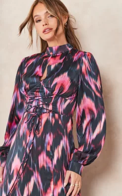 Brand new ???? Liquorish Abstract Ikat Print Midi Lace Up ???? Dress In Black And Pink ⌛ -Zack Sales Store 2022 09 14 Tom Chynna Liquorish13255