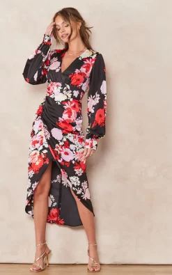 Wholesale ???? Liquorish Rose Print Midi ???? Dress In Red And Pink ⭐