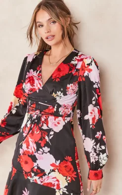 Hot Sale ⌛ Liquorish Rose Print Midi Lace Up ???? Dress In Red And Pink ????