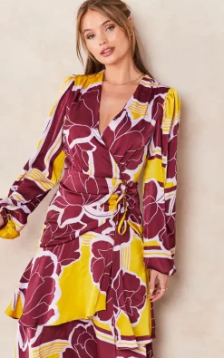 Deals ✨ Liquorish Geometric Floral Print Midi Wrap ???? Dress In Mustard And Burgundy ????