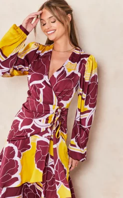 Deals ✨ Liquorish Geometric Floral Print Midi Wrap ???? Dress In Mustard And Burgundy ???? -Zack Sales Store 2022 09 14 Tom Chynna Liquorish14475