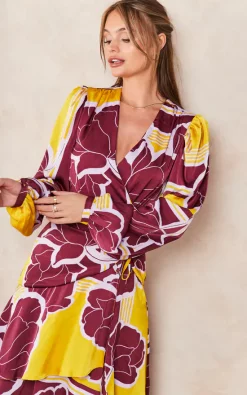 Deals ✨ Liquorish Geometric Floral Print Midi Wrap ???? Dress In Mustard And Burgundy ???? -Zack Sales Store 2022 09 14 Tom Chynna Liquorish14481