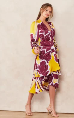 Deals ✨ Liquorish Geometric Floral Print Midi Wrap ???? Dress In Mustard And Burgundy ???? -Zack Sales Store 2022 09 14 Tom Chynna Liquorish14485