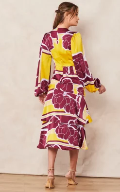 Deals ✨ Liquorish Geometric Floral Print Midi Wrap ???? Dress In Mustard And Burgundy ???? -Zack Sales Store 2022 09 14 Tom Chynna Liquorish14489