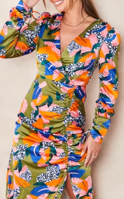 Deals ???? Liquorish Abstract Leaf Print Midi Ruched ???? Dress In Olive ????