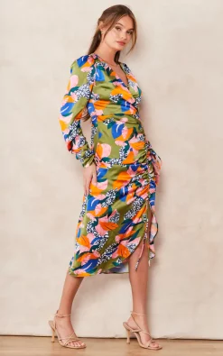 Deals ???? Liquorish Abstract Leaf Print Midi Ruched ???? Dress In Olive ???? -Zack Sales Store 2022 09 14 Tom Chynna Liquorish14689