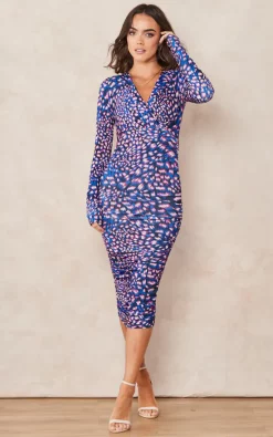 Hot Sale ✨ Jenerique V Neck Drape Midi ???? Dress In Blue Abstract Animal Print ????