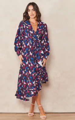 Best reviews of ✔️ Jenerique Asymmetrical Ruffle Hem Wrap Midi ???? Dress In Blue Geometrical Print ????