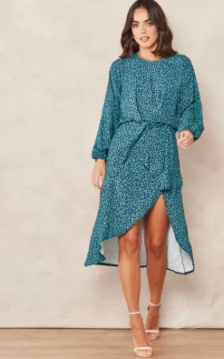 Budget ???? Jenerique Wrap Asymmetric Hem ???? Dress In Green Abstract Polka Dot Print ????