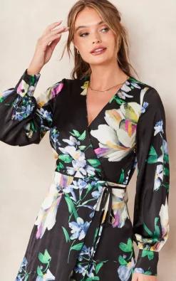 Cheapest ???? Liquorish Elegant Floral Print Midi Wrap ???? Dress In Black ????