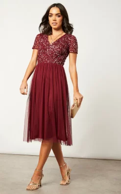 Cheap ✨ ANGELEYE Embellished Sequin Baby Doll Midi ???? Dress In Burgundy ????
