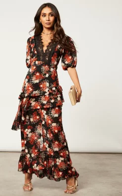 Coupon ???? Dark Pink Floral Red Maxi ???? Dress With Ruffle ???? Skirt And Lace Detailing ???? -Zack Sales Store 2022 09 27 Jen Shree DarkPink3190