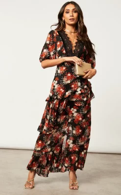Coupon ???? Dark Pink Floral Red Maxi ???? Dress With Ruffle ???? Skirt And Lace Detailing ???? -Zack Sales Store 2022 09 27 Jen Shree DarkPink3191