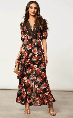 Coupon ???? Dark Pink Floral Red Maxi ???? Dress With Ruffle ???? Skirt And Lace Detailing ???? -Zack Sales Store 2022 09 27 Jen Shree DarkPink3192