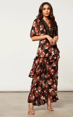 Coupon ???? Dark Pink Floral Red Maxi ???? Dress With Ruffle ???? Skirt And Lace Detailing ???? -Zack Sales Store 2022 09 27 Jen Shree DarkPink3197