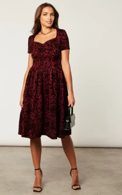 Best deal ???? Feverfish Flock Print Vintage Flared ???? Dress Burgundy ???? -Zack Sales Store 2022 09 30 Jen Charlotte Feverfish1569