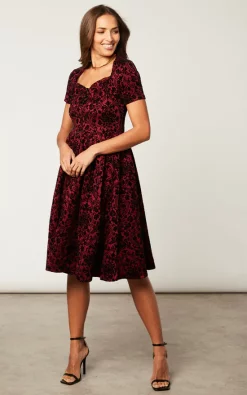 Best deal ???? Feverfish Flock Print Vintage Flared ???? Dress Burgundy ????
