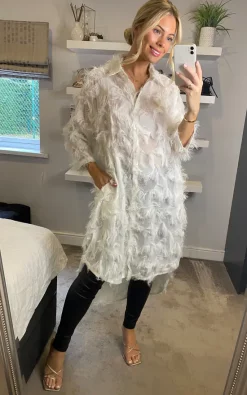 Top 10 ???? CY Boutique Oversized White ???? Shirt ???? Dress With Feather Tassel Look Embroidery ????