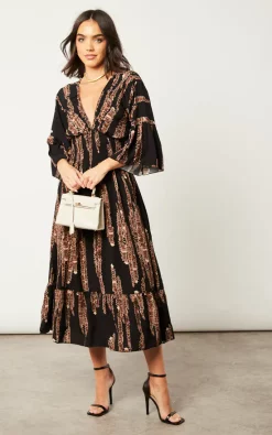 Hot Sale ???? Blue Vanilla V Neck Print Smocked Waist Midi ???? Dress ????