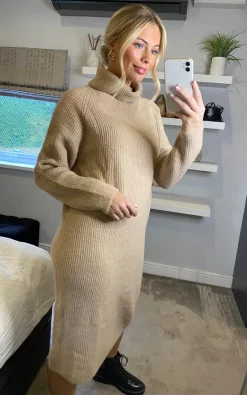 Top 10 ???? Yumi Roll Neck Knitted Midi Jumper ???? Dress In Camel ????