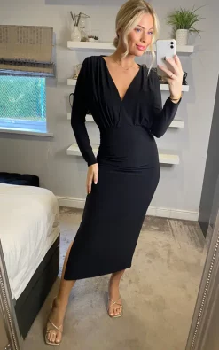 Buy ???? Honor Gold Abbey Long Sleeve Split Leg Midi ???? Dress In Black ????