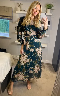 New ???? Izabel London Emerald Floral A Line Midi ???? Dress With Belt ????