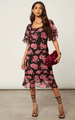 Cheapest ???? SIGNAGE Floral Mesh Square Neck Flair Frill Sleeve Midi ???? Dress In Black & Pink ????