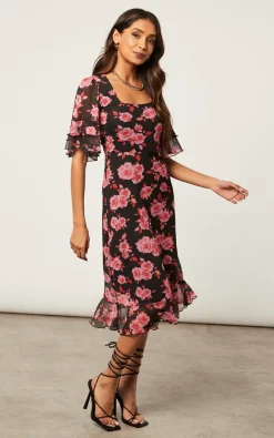 Cheapest ???? SIGNAGE Floral Mesh Square Neck Flair Frill Sleeve Midi ???? Dress In Black & Pink ???? -Zack Sales Store 2022 10 25 Jen Shree Signage11901