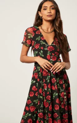 Discount ???? SIGNAGE Red Floral Mesh Asymmetric Wrap Midi Tea ???? Dress Black & Red ????