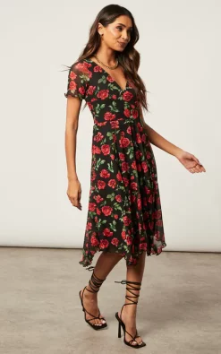 Discount ???? SIGNAGE Red Floral Mesh Asymmetric Wrap Midi Tea ???? Dress Black & Red ???? -Zack Sales Store 2022 10 25 Jen Shree Signage11926