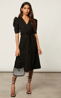 Cheapest ❤️ SIGNAGE Glitter Black Puff Sleeve Wrap Tie Skater Midi ???? Dress ✔️