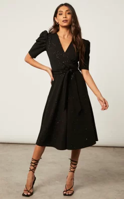Cheapest ❤️ SIGNAGE Glitter Black Puff Sleeve Wrap Tie Skater Midi ???? Dress ✔️ -Zack Sales Store 2022 10 25 Jen Shree Signage11974