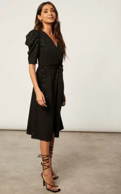 Cheapest ❤️ SIGNAGE Glitter Black Puff Sleeve Wrap Tie Skater Midi ???? Dress ✔️ -Zack Sales Store 2022 10 25 Jen Shree Signage11981