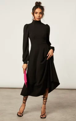 New ???? SIGNAGE Black Turtle Neck Long Sleeve Skater Midi ???? Dress With Keyhole ✨