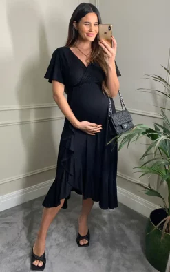 Cheap ???? Tiffany Rose Maternity Waterfall Maternity Midi Wedding Guest ???? Dress In Black ????
