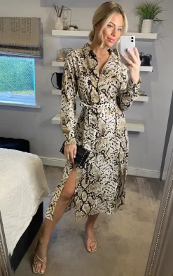 Best Sale ???? D.Anna Python Snakeskin Print ???? Shirt ???? Dress With Long Sleeves Midi ???? Dress ????