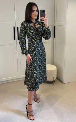 Best deal ???? Liquorish Black Floral Print Midi ???? Dress With Lurex And Neck Detail ???? -Zack Sales Store 2022 10 31 Mollie Liquorish74