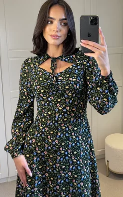 Best deal ???? Liquorish Black Floral Print Midi ???? Dress With Lurex And Neck Detail ????