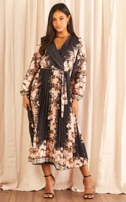 Hot Sale ???? Blue Vanilla V Neck Floral Print Pleated Wrap Front ???? Dress ????