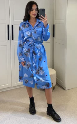 Top 10 ???? Liquorish Floral Midi ???? Shirt ???? Dress In Light Blue ????