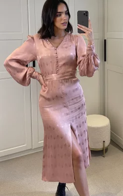 Cheapest ???? Liquorish 70s Style Jacquard ???? Dress In Nude With Slit ⌛